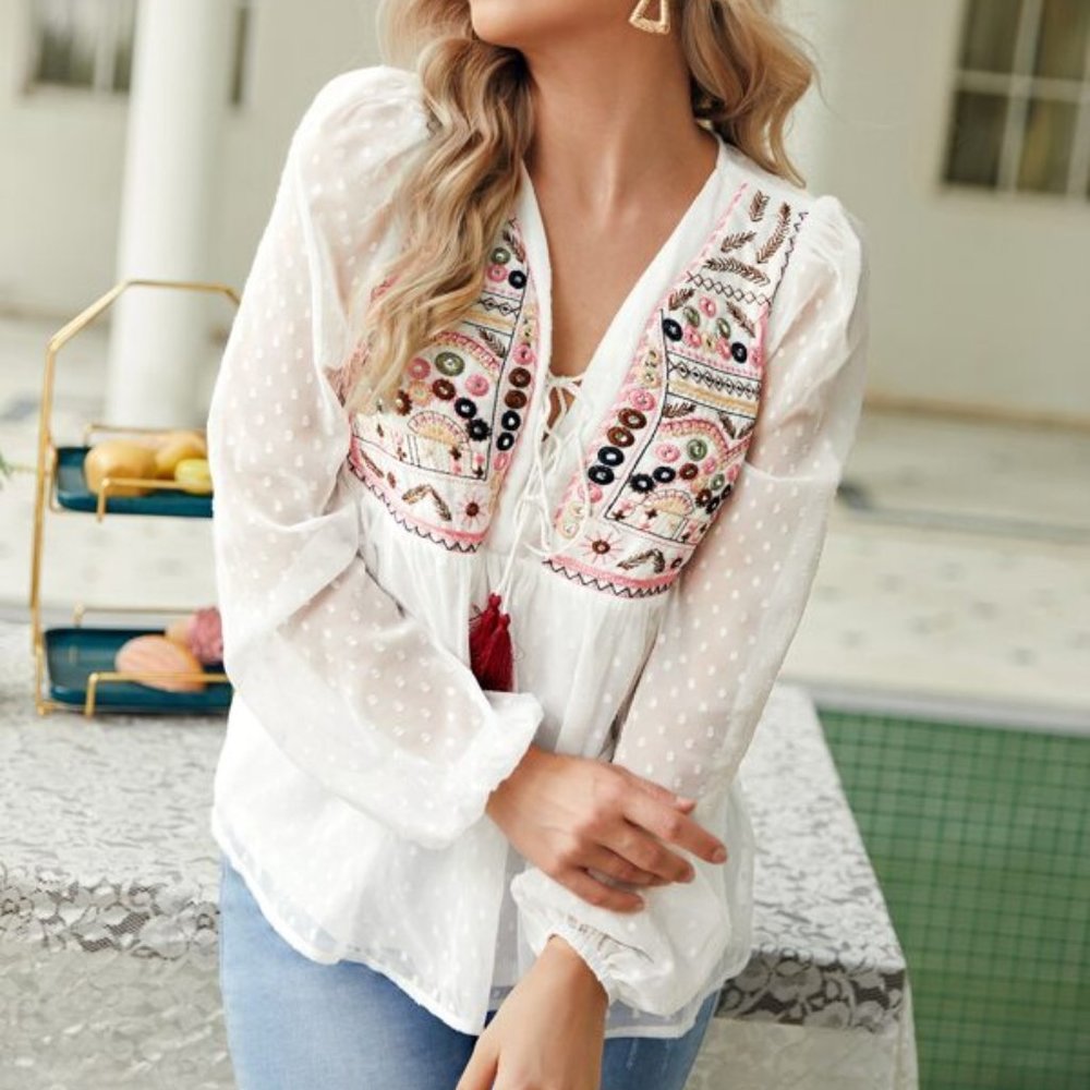 Embroidery Fringe Detail Peplum Blouse - Picture 6 of 6